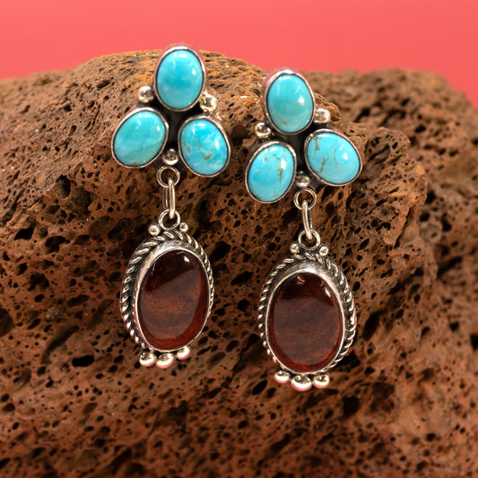 Kingman Turquoise, Spiny Oyster Earrings in Classic Silver Setting