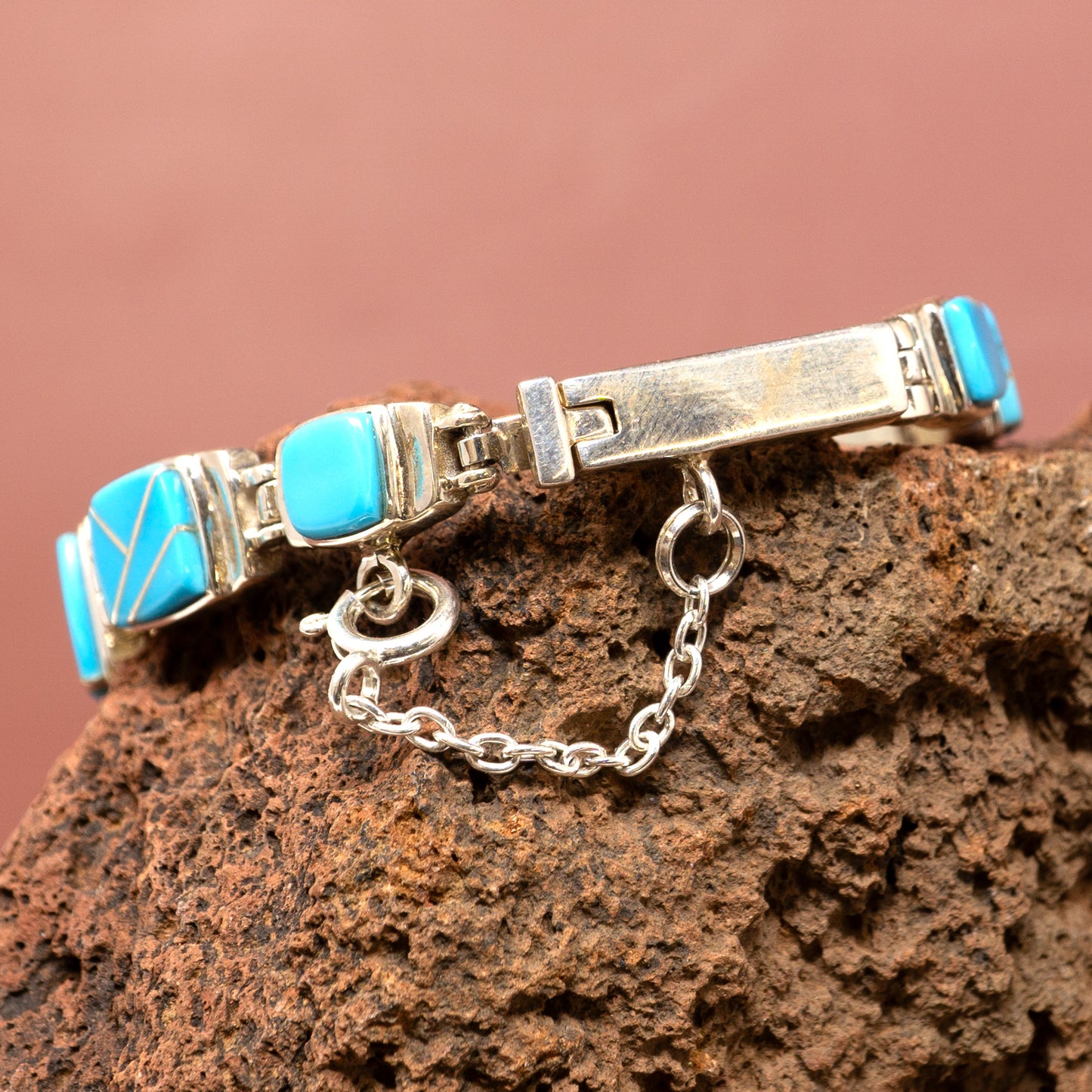 Turquoise Zuni-style Lapidary in Sterling Silver Linked Bracelet  By E. David for Touch of Santa Fe
