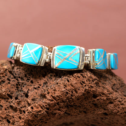 Turquoise Zuni-style Lapidary in Sterling Silver Linked Bracelet  By E. David for Touch of Santa Fe