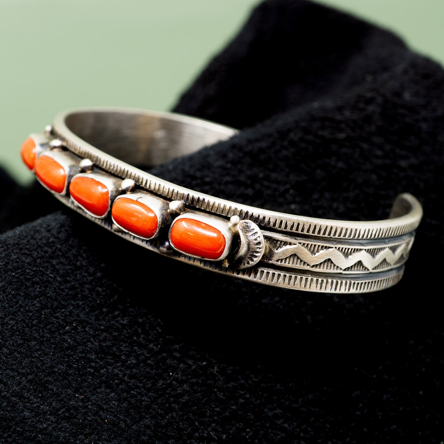 Coral in Handstamped Sterling Silver Cuff Bracelet | Frances Melvin