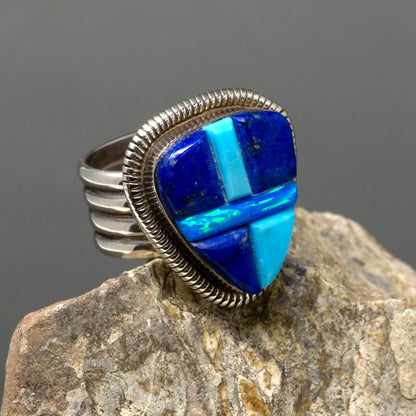 Turquoise, Lapis and Crushed Opal Cobblestone-Set Ring | Size 8.25