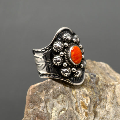 Stamped Silver Ring with Spiny Oyster Cabochon by Darryl Becenti | Size 9.5