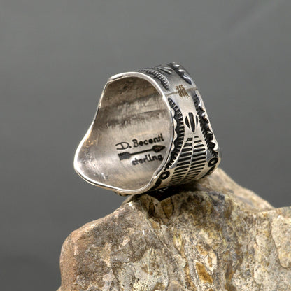 Stamped Silver Ring with Spiny Oyster Cabochon by Darryl Becenti | Size 9.5