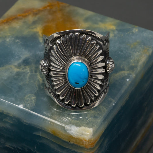 Turquoise Cabochon in Stamped Sterling Silver Ring | Size 8.25