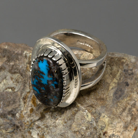 High-grade Morenci Turquoise in Polished Silver Ring by Marie Jackson | Size 9.5