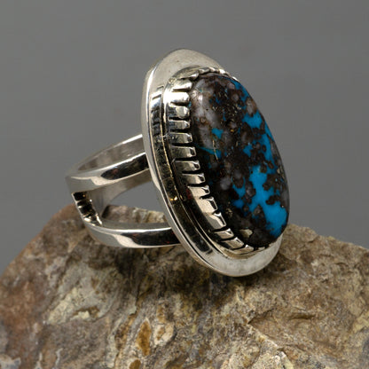 High-grade Morenci Turquoise in Polished Silver Ring by Marie Jackson | Size 9.5