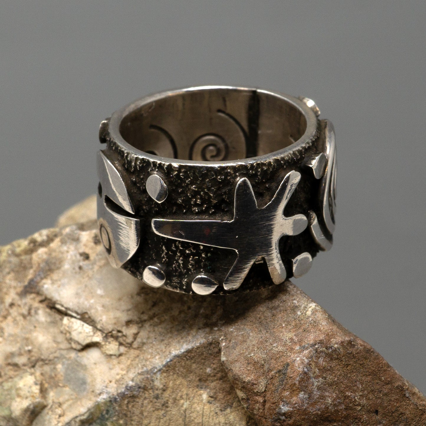 Sterling Silver Overlay Ring with spiral, hand and face designs | Alex Sanchez