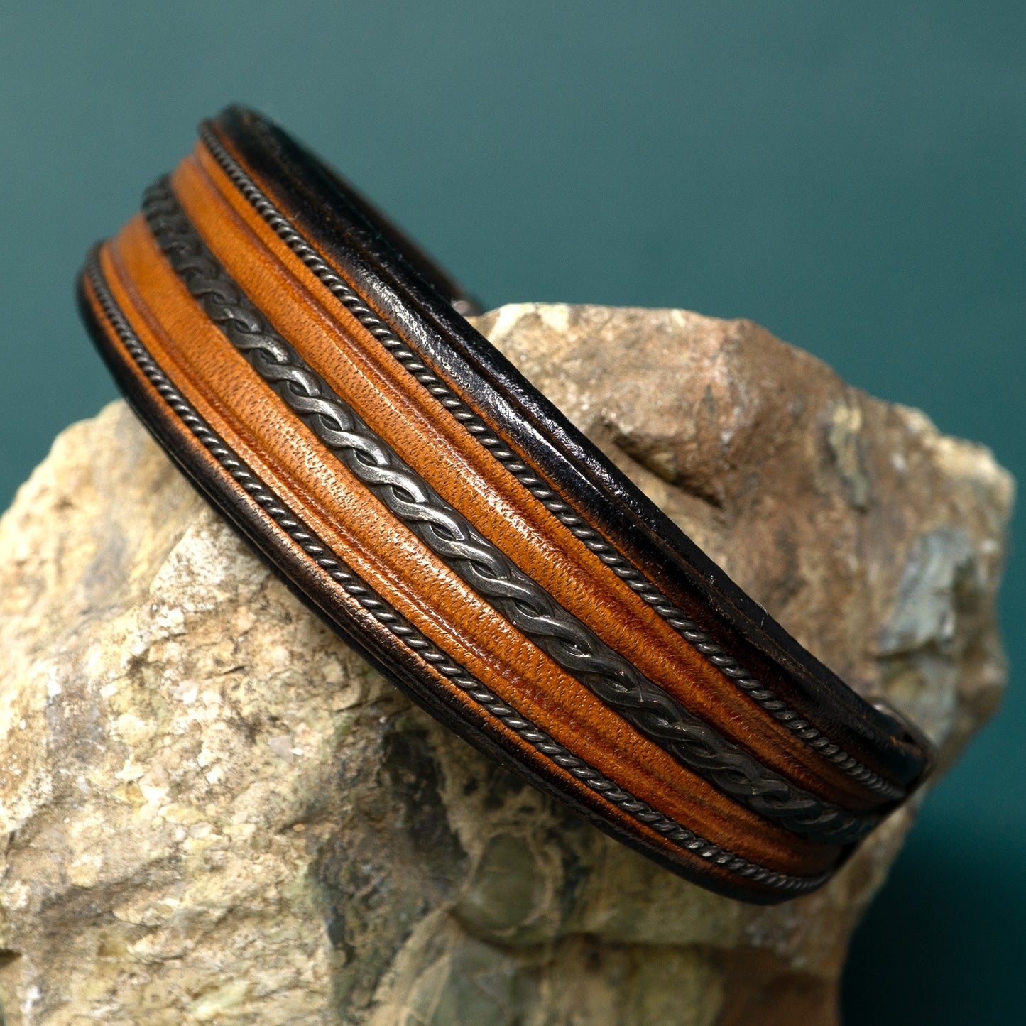 Leather Cuff Bracelet with Sterling Silver Details and Tips