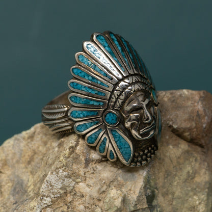 Crushed Turquoise Inlay Bust with Headress Silver Ring | Size 14.5
