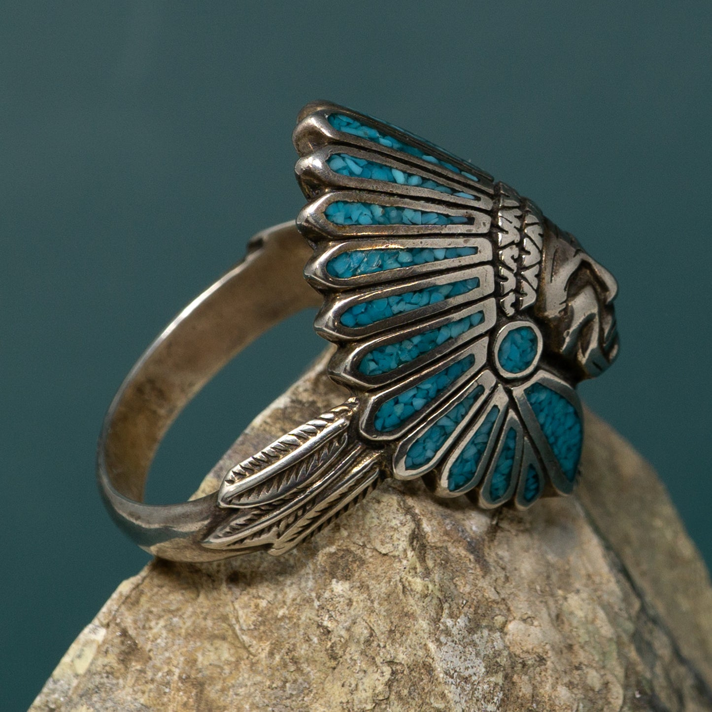 Crushed Turquoise Inlay Bust with Headress Silver Ring | Size 14.5