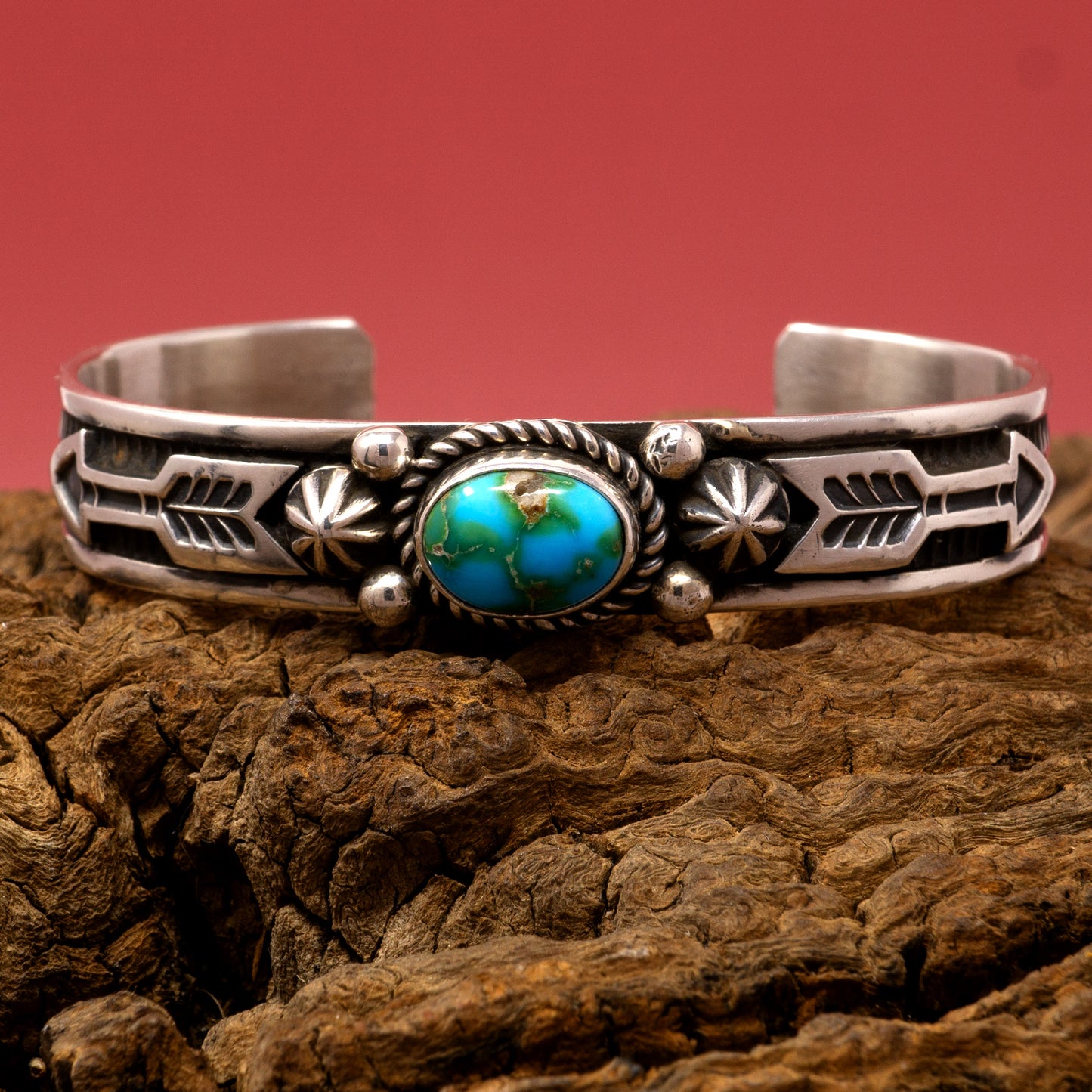 Royston Turquoise Handstamped/Overlay Silver Cuff Bracelet | A. Jake