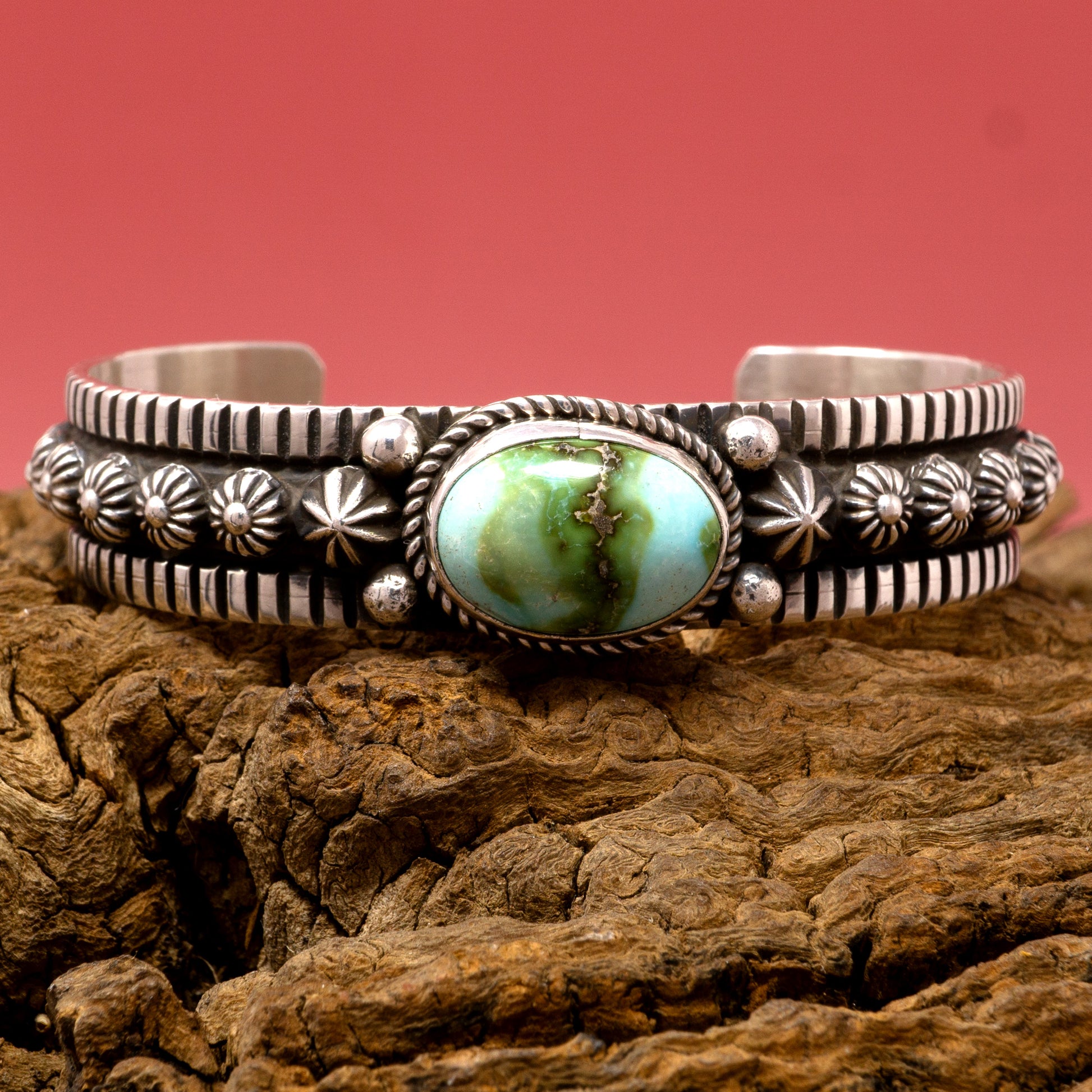 Sonoran Gold Turquoise Hand-stamped and Overlay Silver Cuff