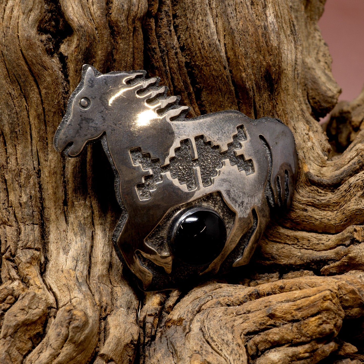 Silver Horse Mini Belt Buckle with Obsidian Cabochon
