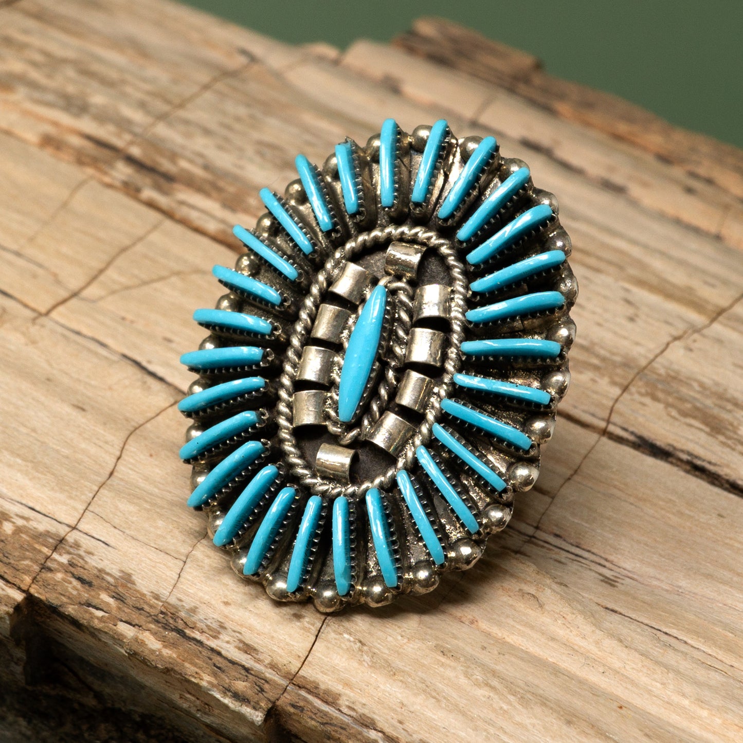 Traditional Zuni Petit Point Turquoise Sterling Silver Ring | Size 6.75