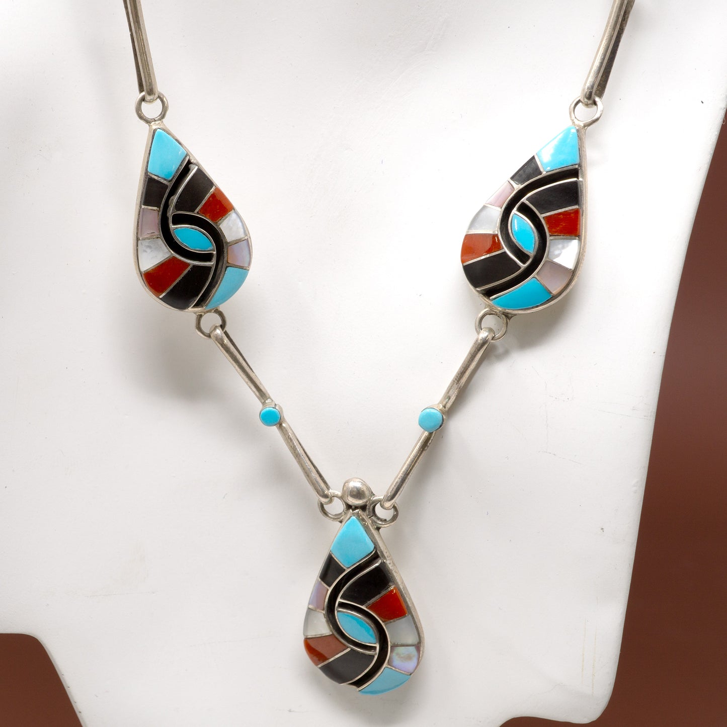 Sleeping Beauty Turquoise, Coral & Abalone 3 Teardrop Inlay Pendant Linked Necklace