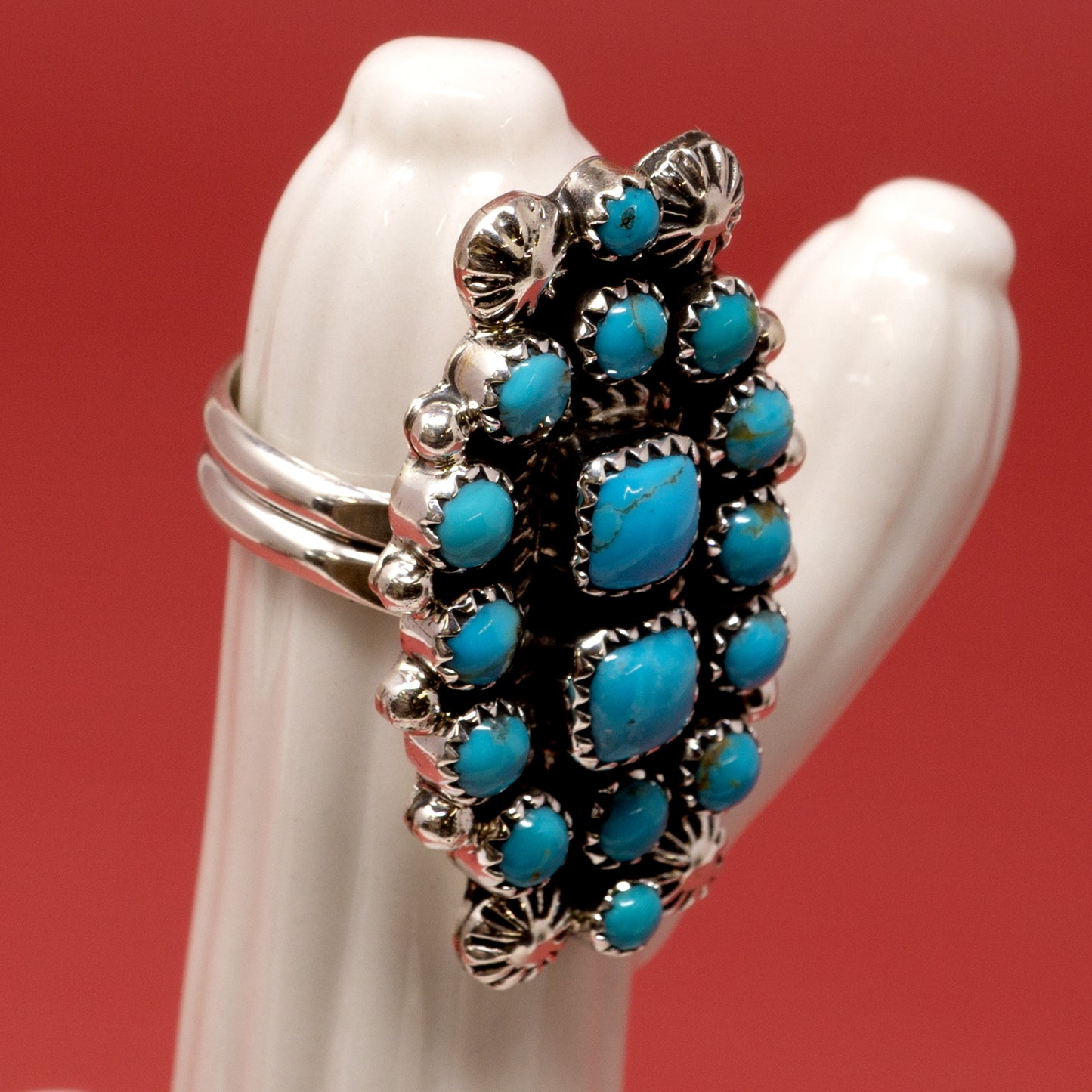 16 Sleeping Beauty Turquoise Cabochons in Classic Setting | Adjustable Band Ring