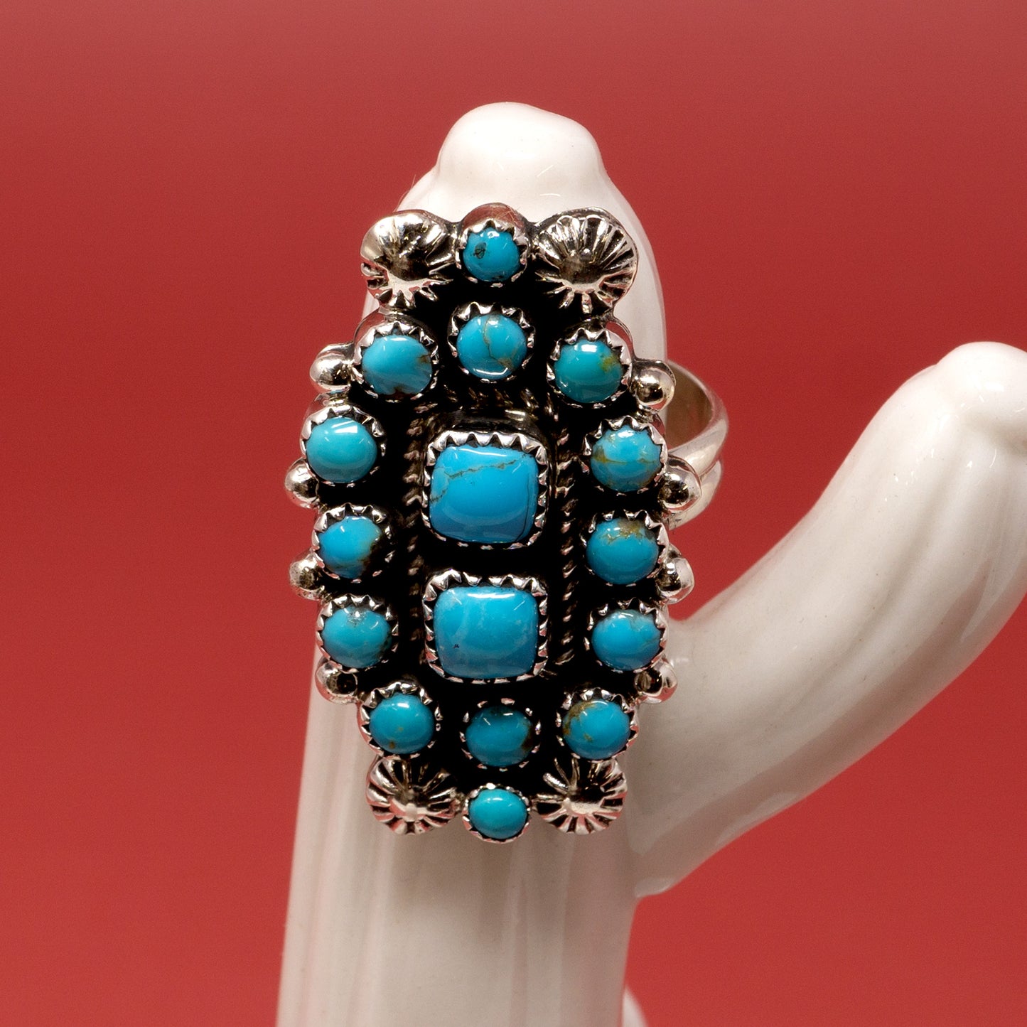 16 Sleeping Beauty Turquoise Cabochons in Classic Setting | Adjustable Band Ring