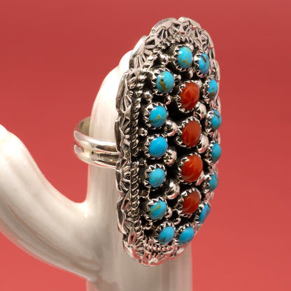 18 Sleeping Beauty Turquoise, Coral Cabochons in Classic Setting | Adjustable Band Ring
