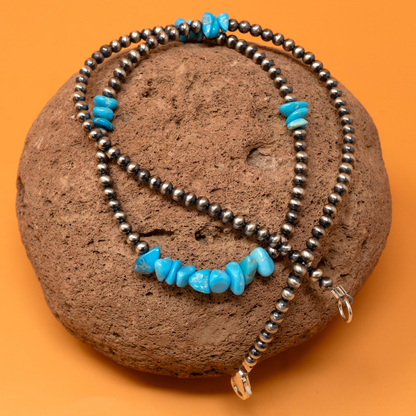 Sterling Silver & Sleeping Beauty Turquoise Necklace with Mini Navajo Pearls