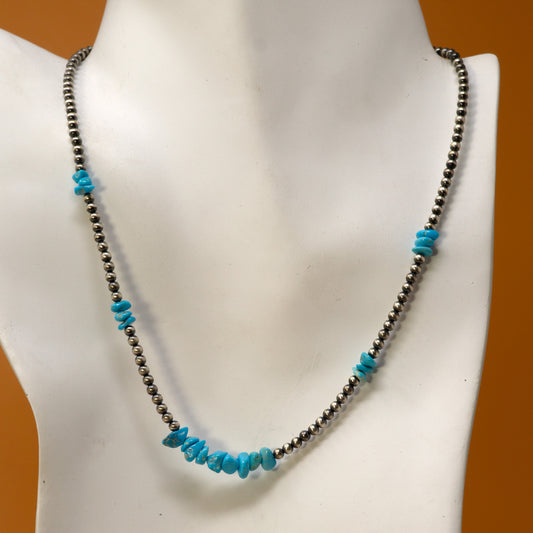 Sterling Silver & Sleeping Beauty Turquoise Necklace with Mini Navajo Pearls