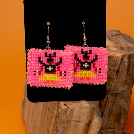 Apache Crown Dancer Hand beaded Pink Square Earrings