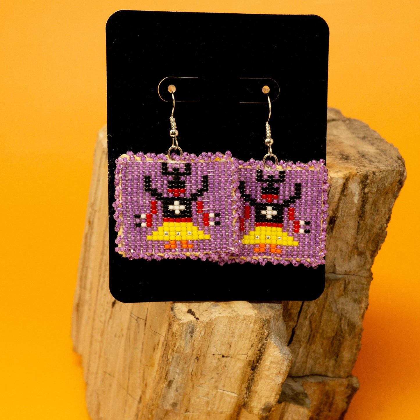 Apache Crown Dancer Hand beaded Square Earrings - Purple