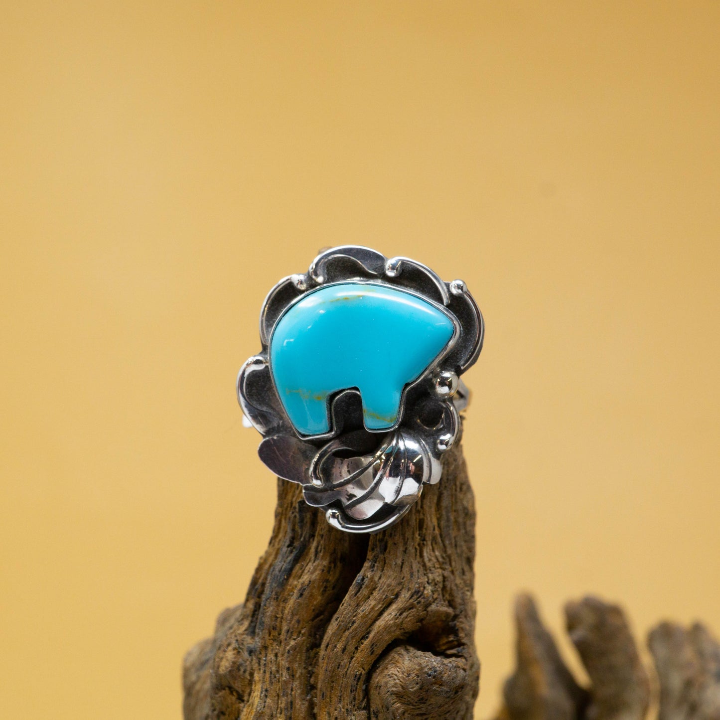 Navajo Bear Ring  in Sterling Silver with Kingman Turquoise  Size 8.5