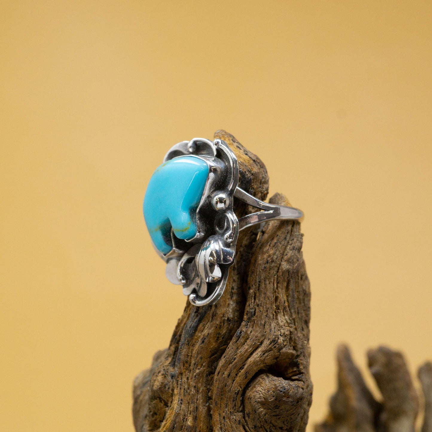 Navajo Bear Ring  in Sterling Silver with Kingman Turquoise  Size 8.5