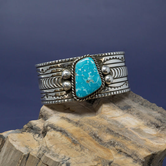 Navajo Stamped Sterling Silver Cuff with Birdseye Turquoise by Francis Melvin