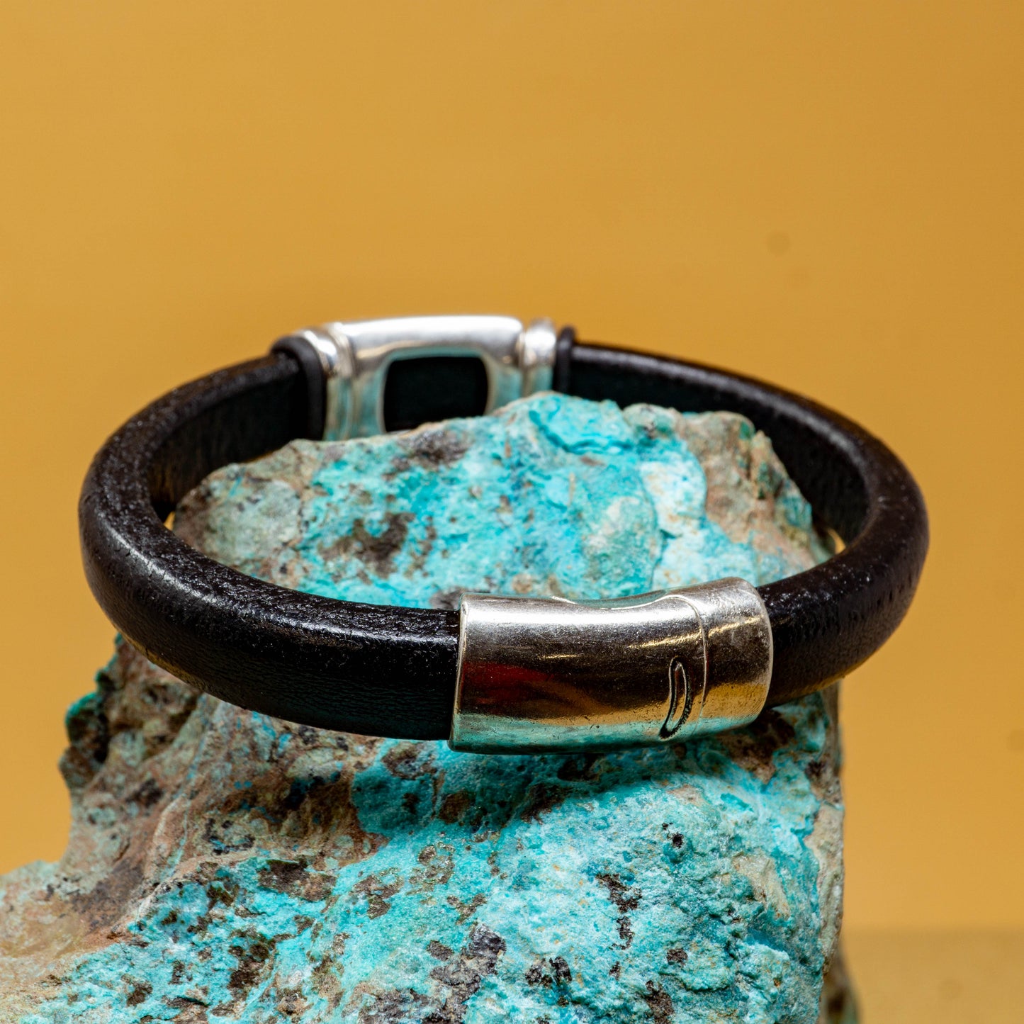 Black Leather Bracelet with Homestake Silver Plate Accents