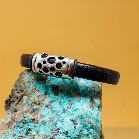 Black Leather Bracelet with Homestake Silver Plate Accents