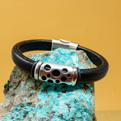 Black Leather Bracelet with Homestake Silver Plate Accents