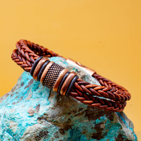 Outrigger Brown Braided Leather Bracelet with Copper Accents