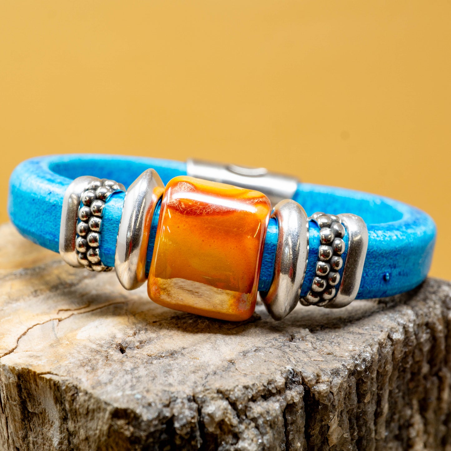 Big Sky Blue Leather with Sunset Ceramic Bead and Sterling Silver Plated Accents