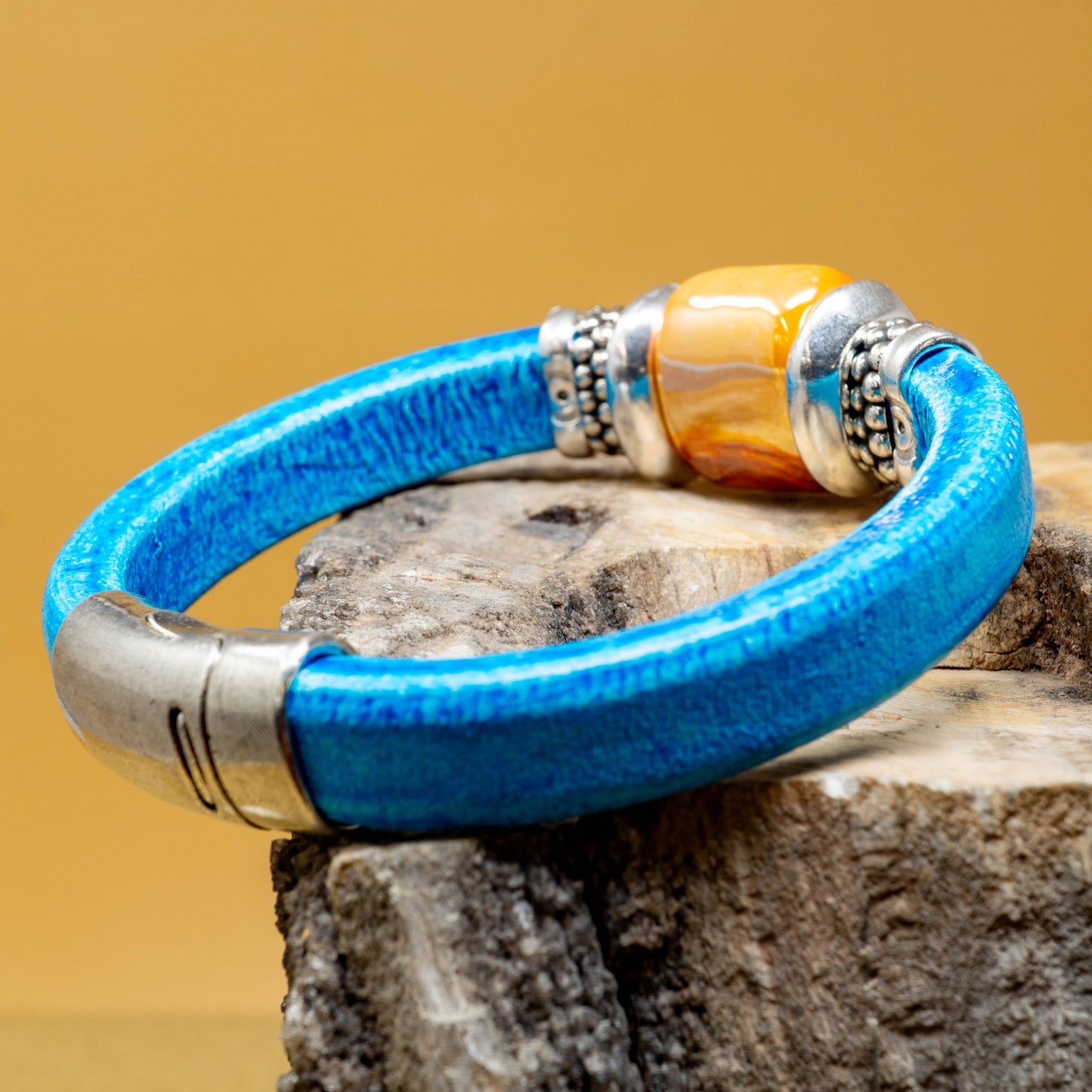 Big Sky Blue Leather with Sunset Ceramic Bead and Sterling Silver Plated Accents