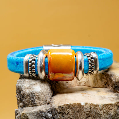 Big Sky Blue Leather with Sunset Ceramic Bead and Sterling Silver Plated Accents