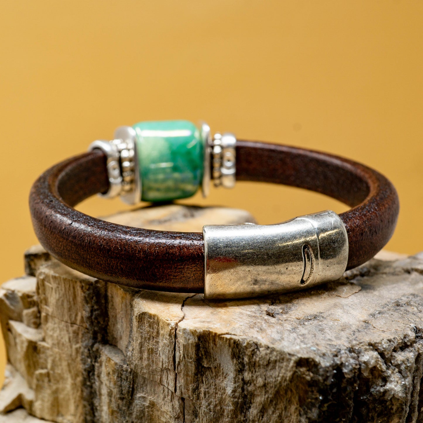 Western Cedar Brown Leather Bracelet with Ceramic Bead and Sterling Silver Plate Accents