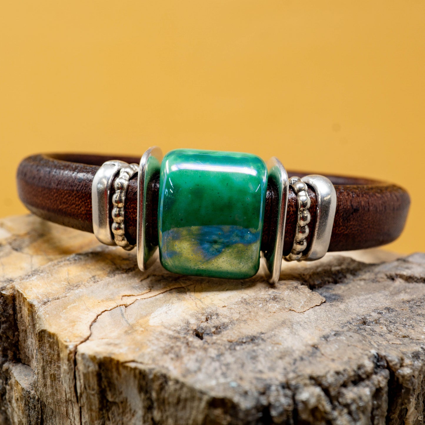 Western Cedar Brown Leather Bracelet with Ceramic Bead and Sterling Silver Plate Accents