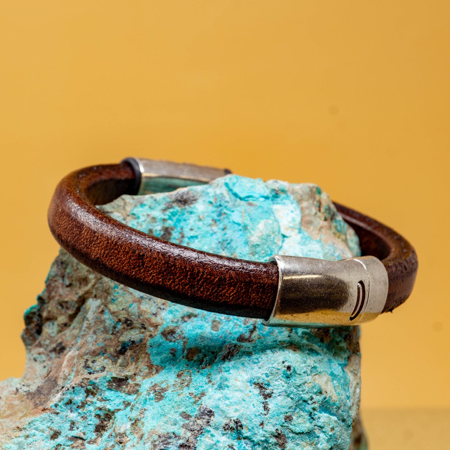 Grizzly Brown Leather Bracelet with Sterling Silver Plate Accents