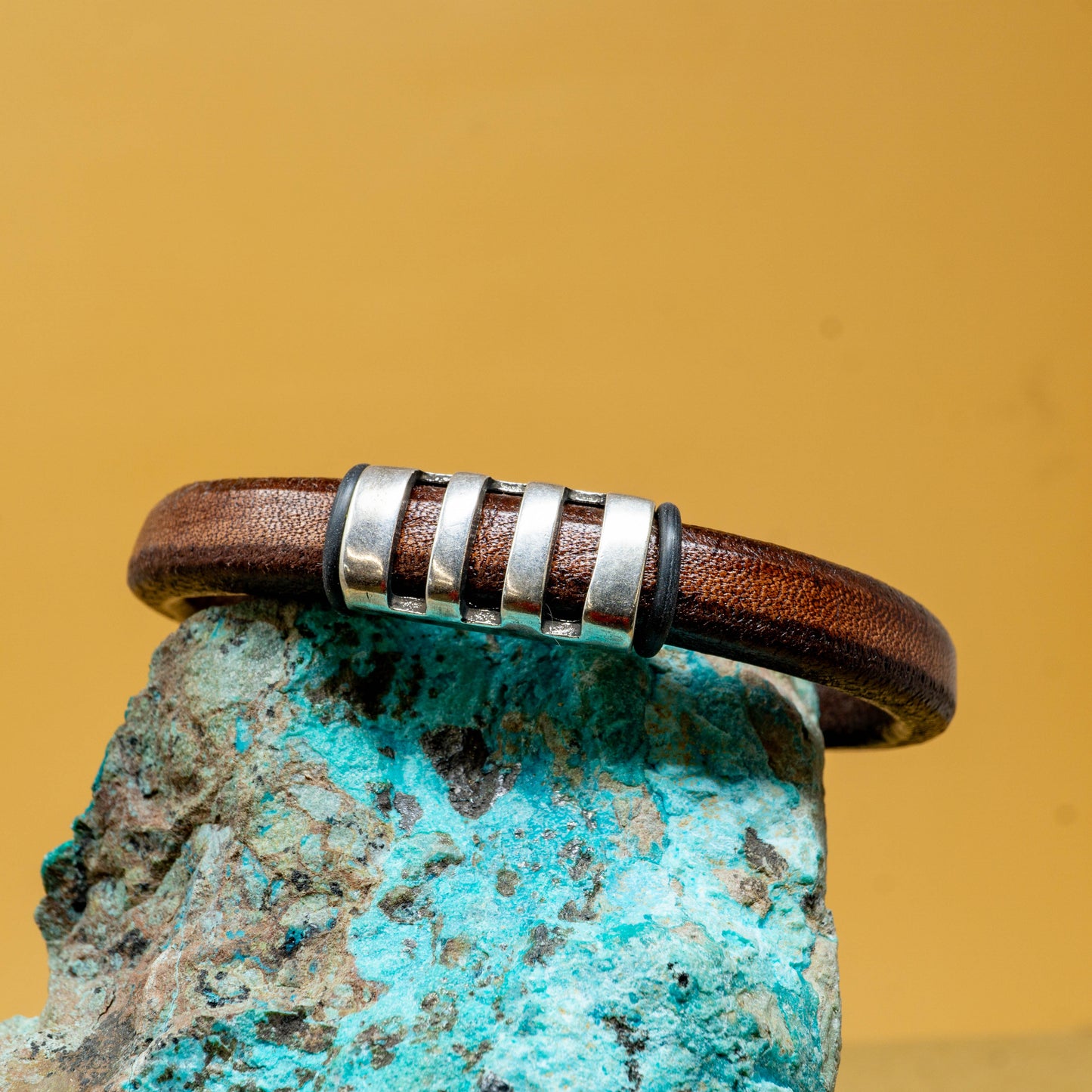 Grizzly Brown Leather Bracelet with Sterling Silver Plate Accents