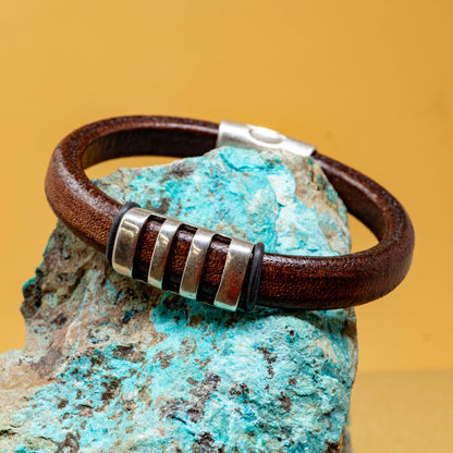 Grizzly Brown Leather Bracelet with Sterling Silver Plate Accents