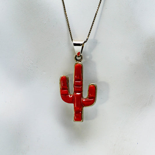 Coral Cactus/Saguaro and Sterling Silver Necklace on 18-inch-chain