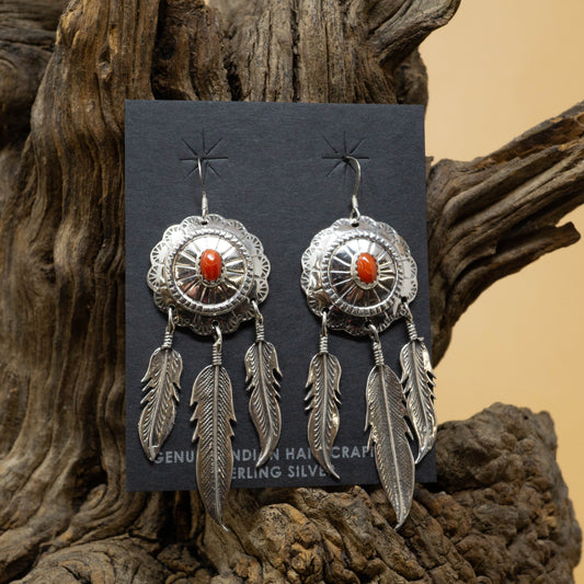 Sterling Silver and Coral Concho Feather Earrings