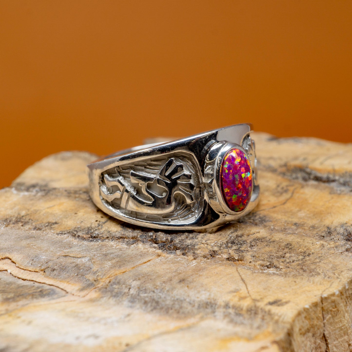 Sterling Silver Kokopelli Ring with Gorgeous Dyed Opal