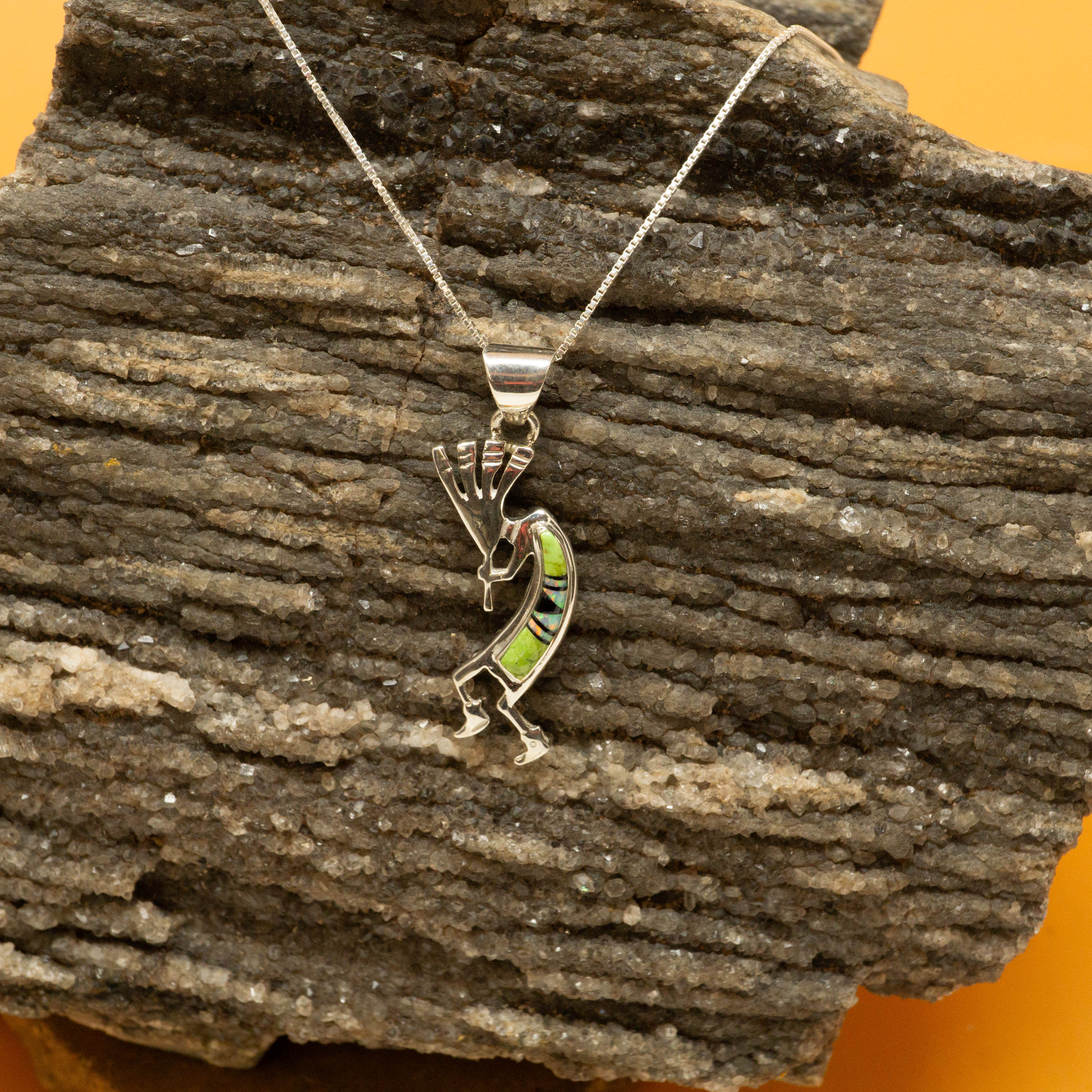 Sterling Silver Kokopelli Necklace with Gaspeite Opal and Onyx Inlay