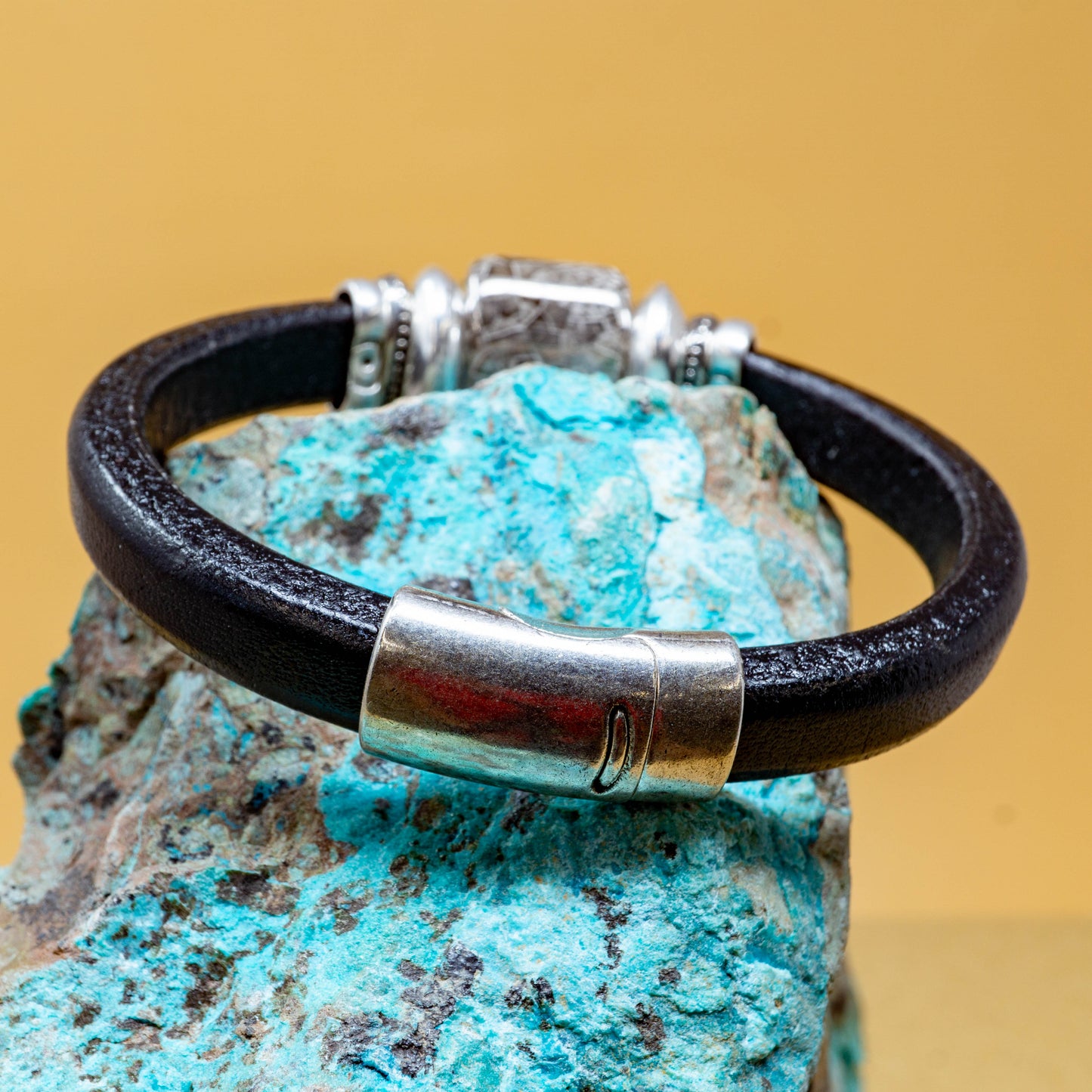 Black Leather Bracelet with Glacier Black Ceramic Bead and Sterling Silver Plated Accents