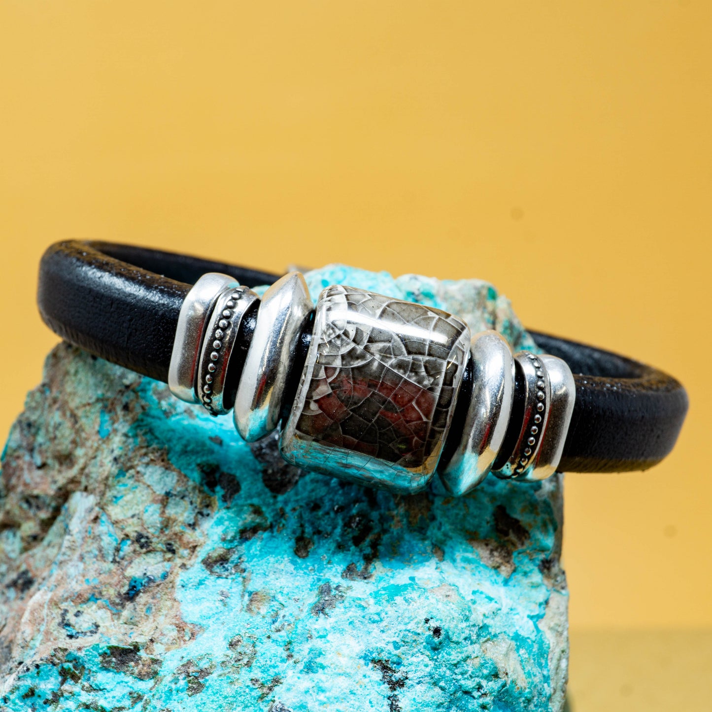 Black Leather Bracelet with Glacier Black Ceramic Bead and Sterling Silver Plated Accents