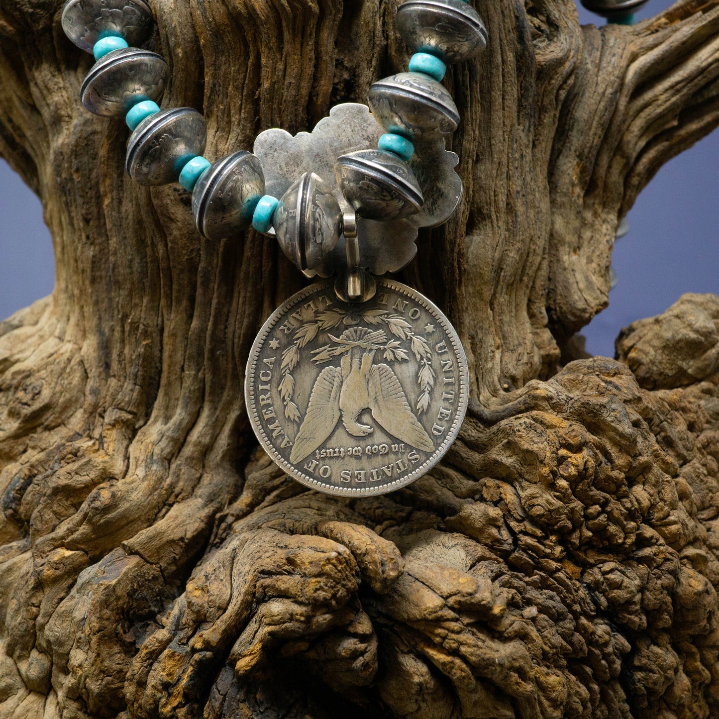Sterling Silver Kingman Turquoise Necklace with 1892 Sterling Silver Dollar  Coin and Dime "Pearls" By artist James McCabe