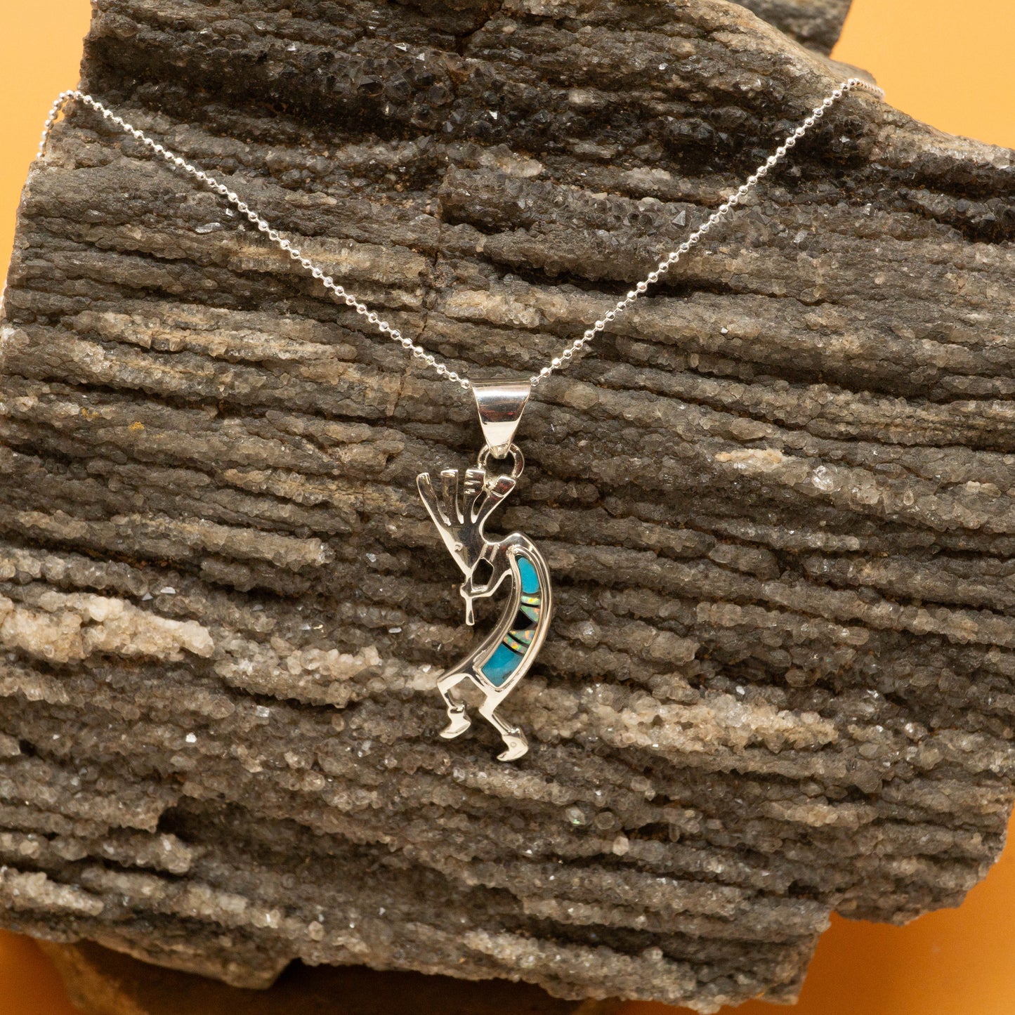 Kokopelli Necklace with Kingman Turquoise, Opal and Onyx set in Sterling Silver