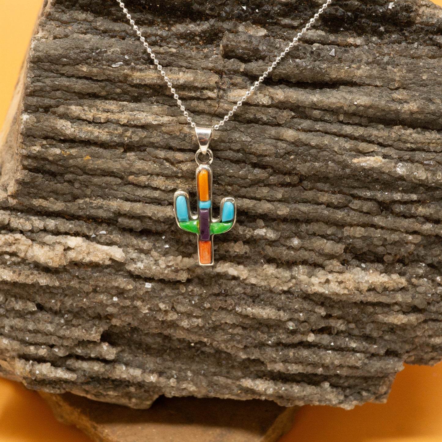 Saguaro Cactus Necklace with Gaspeite, Spiny Oyster, Kingman Turquoise and Sugilite set in Sterling Silver